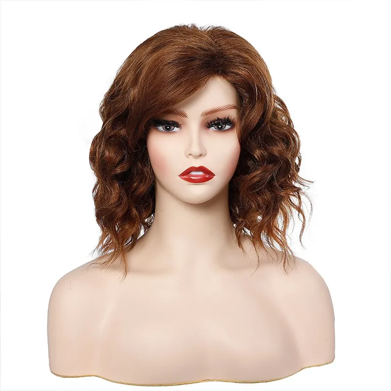 Short Wavy Bob Wig with Bangs Brown Synthetic Daily Hair Wigs  Heat Resistant Fiber Wigs