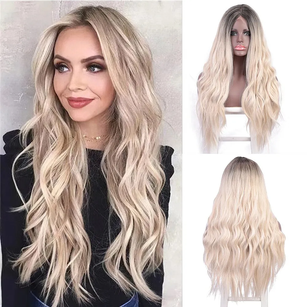 Synthetic Wigs  Long Wavy Wigs Black Ombre Blonde Hair  Middle Part   Heat Resistant Wigs