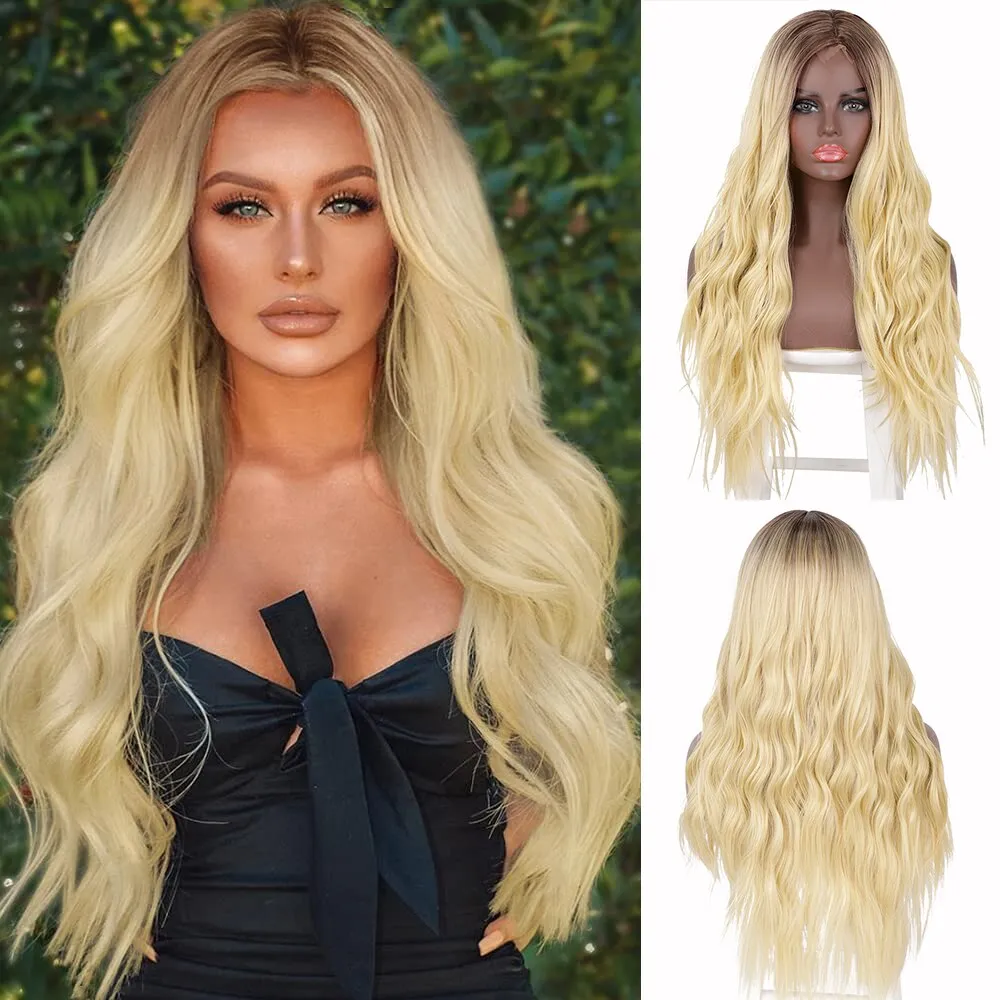 Synthetic Wigs  Long Wavy Wigs Black Ombre Blonde Hair  Middle Part   Heat Resistant Wigs