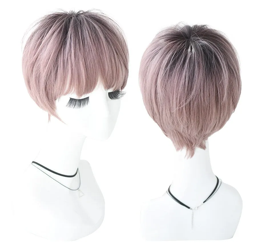 Tone Ombre Pink Short Ramy Hair With Bangs Lolita Wig For Women Fashion Refined Christmas Heat Resistant Synthetic Wig