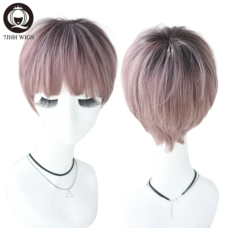 Tone Ombre Pink Short Ramy Hair With Bangs Lolita Wig For Women Fashion Refined Christmas Heat Resistant Synthetic Wig