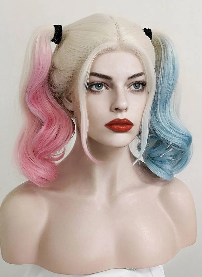 Wavy Blonde Harley Quinn Synthetic Pink Blue Ponytail Lace Front Wig LF853E