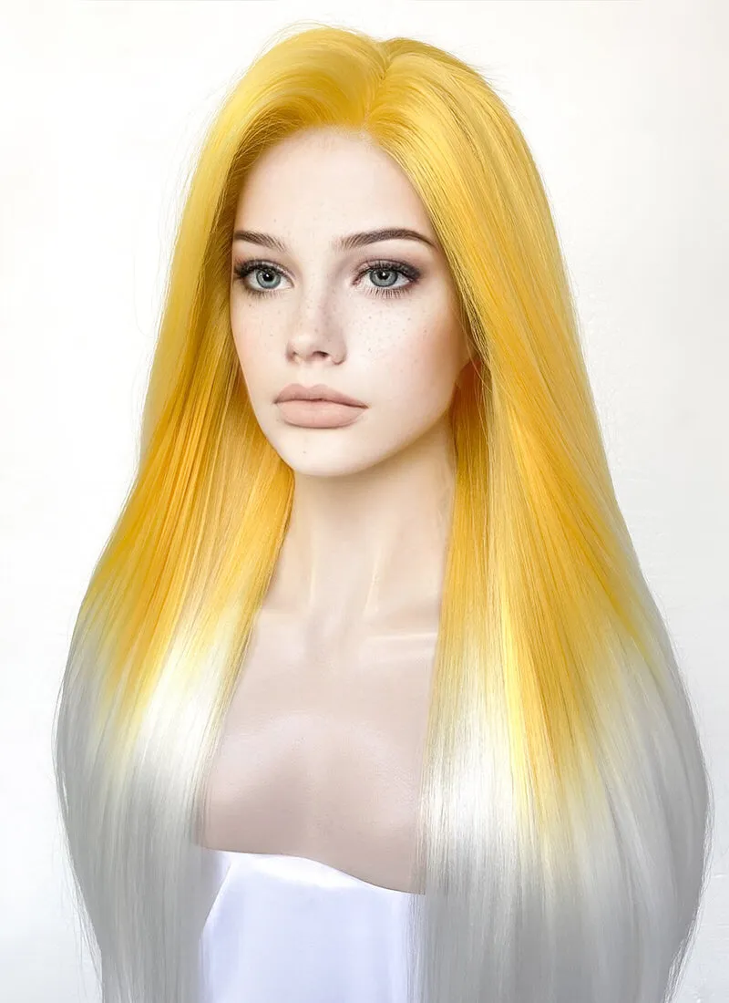 Yellow White Ombre Straight Yaki Lace Front Synthetic Wig LN6026